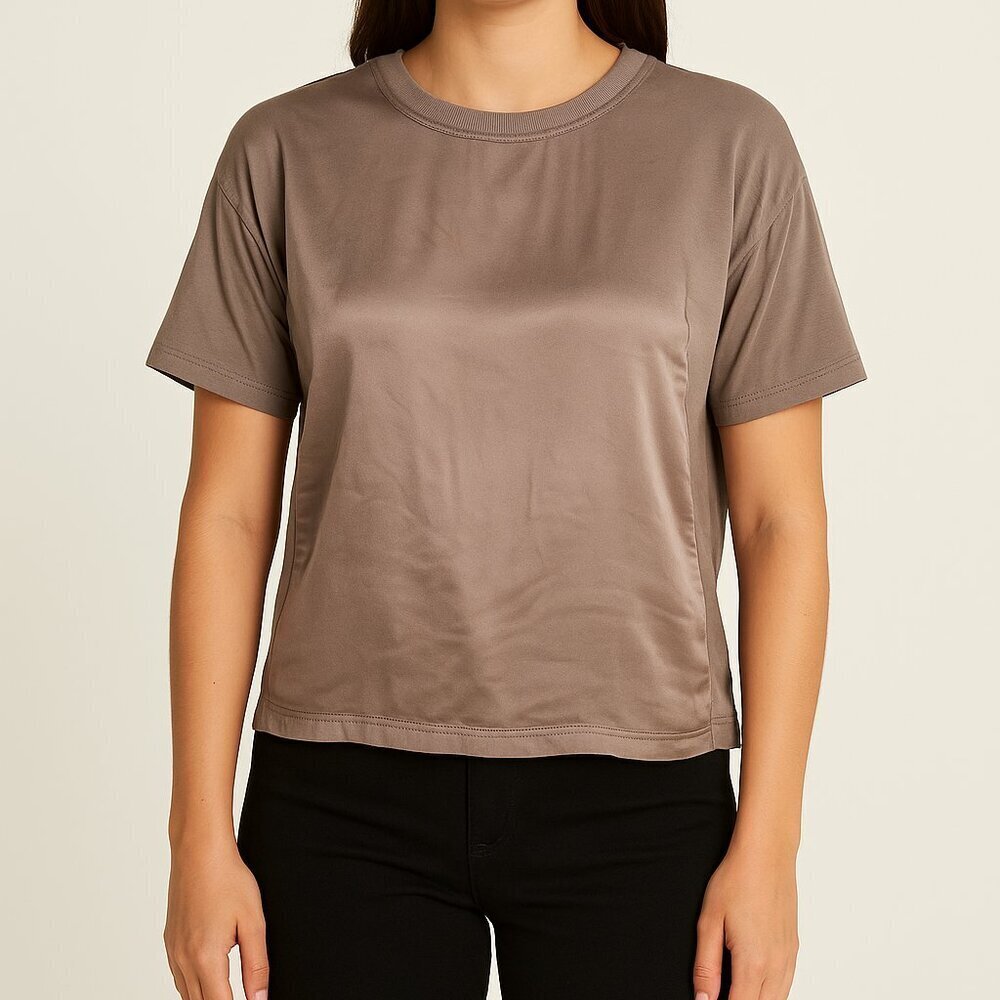 Hudson Los Angeles Satin & Modal Mixed Media Blouse Taupe Size Small